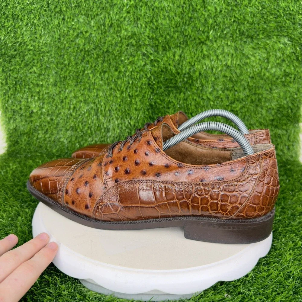 Stacy Adams Cognac Alligator/Ostrich Print Leather Loafers Sz 10